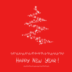 Merry Christmas and Happy New Year. Vector illustration of stylized christmas tree with snowflakes and greeting text on red background for cards, poster and banners design.