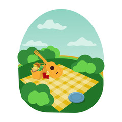 place for a family picnic in the park, spread out a blanket, a basket of food, summer vacation