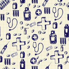 Vector doodle seamless illustration. Medicine icons