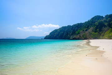 Blue Ocean With Clear Blue Sky and Mountain Behind, Tropical Sea , Thailand