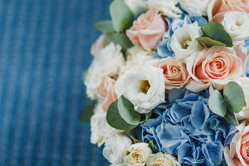 Bridal blue wedding bouquet with copy space