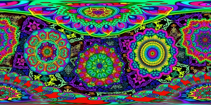 Fluorescent 360VR flying mandalas with rainbow palette