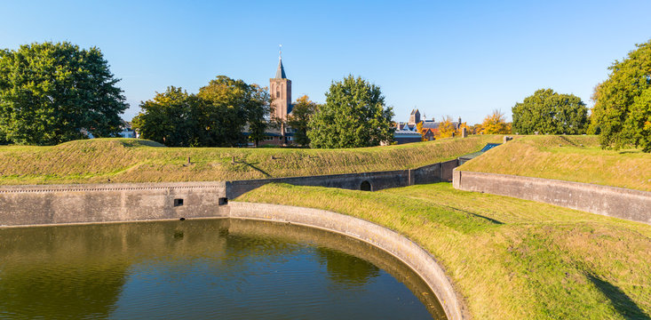 Panorama of rampart and church of Naarden, Netherlands