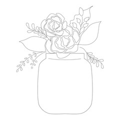 Flowers in jar | vintage illustration of decoration | abstract natural romantic | isolated white background | line art black and white
