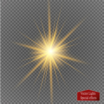 Set Of Golden Glowing Lights Effects Isolated On Transparent Background. Sun Flash With Rays And Spotlight. Glow Light Effect. Star Burst With Sparkles.