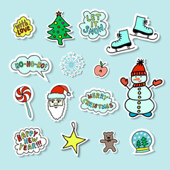 Fototapeta na wymiar Set Of Bright Cartoon Christmas Stickers 2