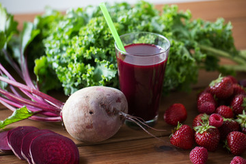 glass of beetroot juice, fruits and vegetables