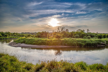 Summer landscape with river and sunset, rzeka Pilica, Poland © Grafik-Komputerowy