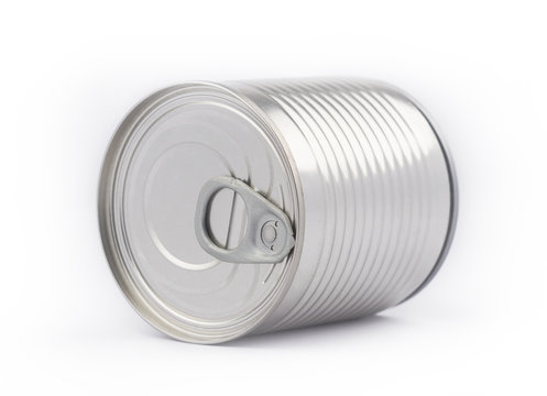 Perspective view of metal can on white background