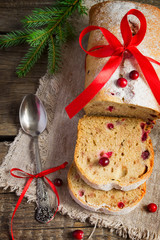 Christmas cake with cranberries and fresh berries, top view 