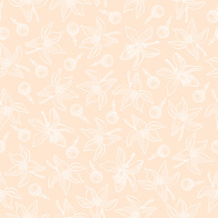 Seamless pattern with lemon flowers and buds on nude pink background. Vector hand drawn pattern. Good for packing design, textile industry, wallpapers and backgrounds.