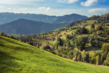 Mountain landscape in Romania. Rural Romanian landscape. Landscape of Magura Village near Brasov, Romania