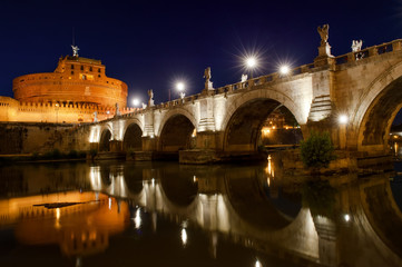 Castel Sant'Angelo and river Tiber view at night, Rome, Italy
