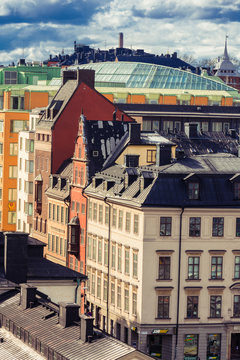 Panorama of Stockholm city center with industrial furnaces in the background