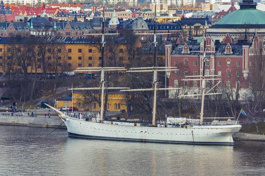Old historical Vessel in Stockholm. Ship docked in Stockholm city