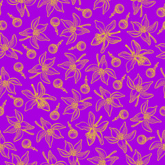 Seamless pattern with lemon flowers and buds on violet background. Vector hand drawn pattern. Good for packing design, textile industry, wallpapers and backgrounds.