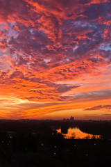 Dramatic colorful sunset over confluence of Danube and Sava river in Belgrade, Serbia