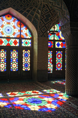 Fototapeta na wymiar Persian Nasir-ol-Molk Mosque or Pink Mosque traditional mosque in Shiraz Iran at Gowad-e-Araban district glass facade