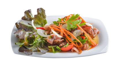 bacon salad in white plate isolated on white background