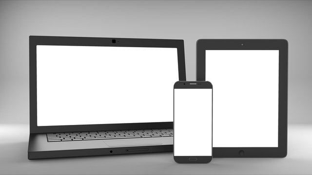 Laptop, smartphone, tablet mockup on gray background. 3d illustration.