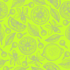 Seamless pattern with lemons, flowers and leaves on lime green color background. Vector hand drawn pattern. Good for packing design, textile industry, wallpapers and backgrounds.