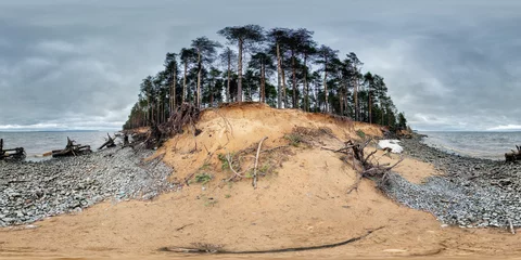 Papier Peint photo autocollant Île 360 degree spherical panorama from Russia, View on Rybinsk Reservoir storm. Mysterious island and grim landscape picture with sand coast, lake, pines and fallen trees, roots, stumps.