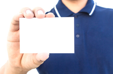 Man hand holding a blank business card isolated on white backgr