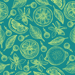 Seamless pattern with lemons, flowers and leaves on turquoise background. Vector hand drawn pattern. Good for packing design, textile industry, wallpapers and backgrounds.