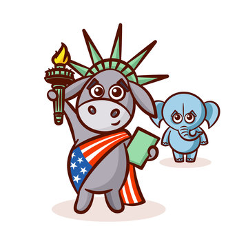 Elephant Symbols of Republicans. Political parties in United States. Illustration for election, debate America. The Statue of Liberty. USA flag
