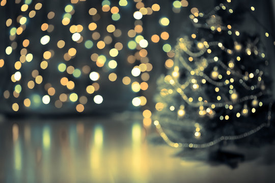 Blurred Christmas tree with lights background