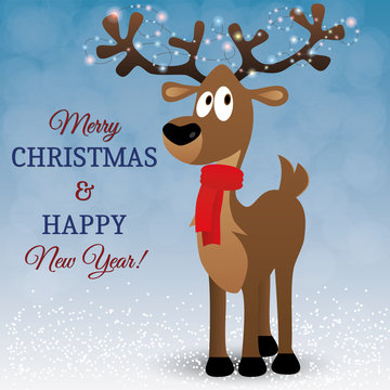 Merry Christmas card with cartoon deer, lights on big horns