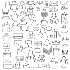 Large vector set of black and white doddle fashion bags, hand drawn with black ink, isolated on white background. Illustration with group of various handbag, purse, pouch, satchel, clutch, bag
