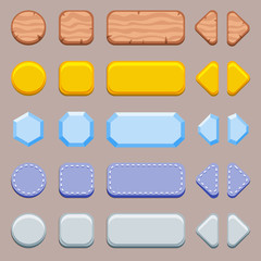 Set of buttons for game. Wooden, golden, silver, crystal and denim customizable buttons kit.