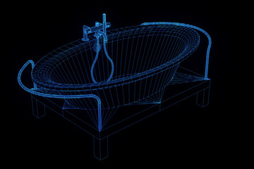Bathtub in Hologram Wireframe Style. Nice 3D Rendering
