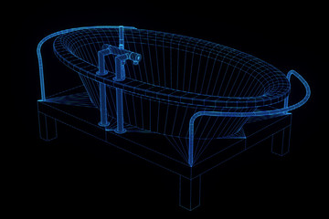 Fototapeta na wymiar Bathtub in Hologram Wireframe Style. Nice 3D Rendering 