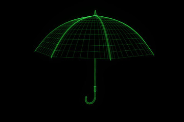 Umbrella in Hologram Wireframe Style. Nice 3D Rendering
