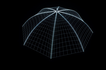 Umbrella in Hologram Wireframe Style. Nice 3D Rendering
