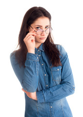 Pretty girl hold glasses near face isolated