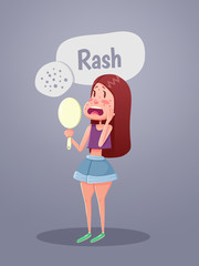 Woman looking in mirror with red spots on face