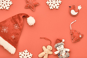 Fototapeta na wymiar Christmas background decoration Handmade, Christmas holiday Santa hat, Happy Gingerbread, Snowman.Snowflakes, Fir. New Year 2017.XMAS Design Ornament. Festive Art christmas Greeting Card.Retro Vintage