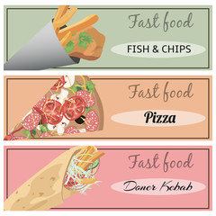 doner kebab, pizza, fish and chips