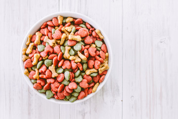 Dog food in bowl on wooden table