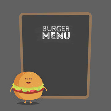 Kids restaurant menu cardboard character. Funny cute burger drawn with a smile, eyes and hands.