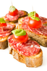 Crostini with salami, tomato and basil, Italian Appetizers