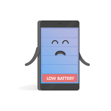 Smartphone Concept Upset Low Battery Charge. Cute Cartoon Character Phone With Hands, Eyes And Smile