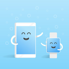 Smartphone concept connections with smart watches. Cute Cartoon character phone with hands, eyes and smile