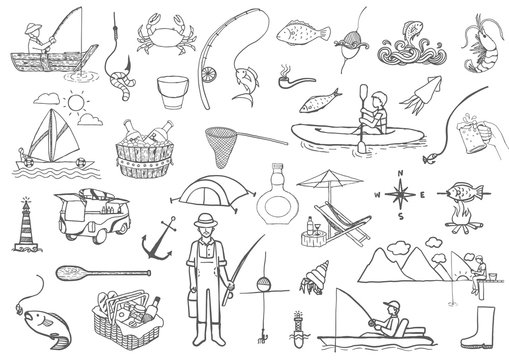 Hand drawn icons about fishing isolated on white background - Stock Vector
