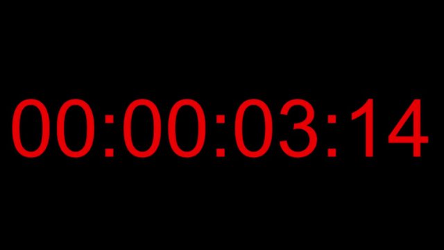 Footage of a 10sec.digital red time-code shot in 4K at 25fps, the shot is at the center and isolated on a black background