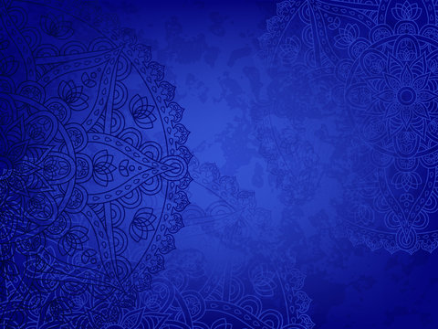 Horizontal blue background with oriental round pattern and texture of old paper. Vector illustration.