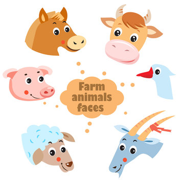 Farm Animals: Hen, Goat, Goose, Horse, Cow, Pig, Sheep. Pets. Animals On A White Background. Vector Illustration Livestock Farm. Farm Animals Faces Icons Set.